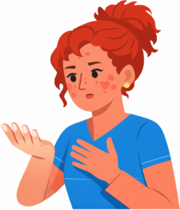 Illustratie van een vrouw die naar haar borst grijpt en naar haar witte vingers kijkt